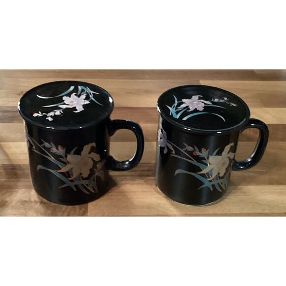 1980s Vintage Floral Coffee Tea Mugs With Lids Black Ceramic Set Of 4 - Picture 10 of 12